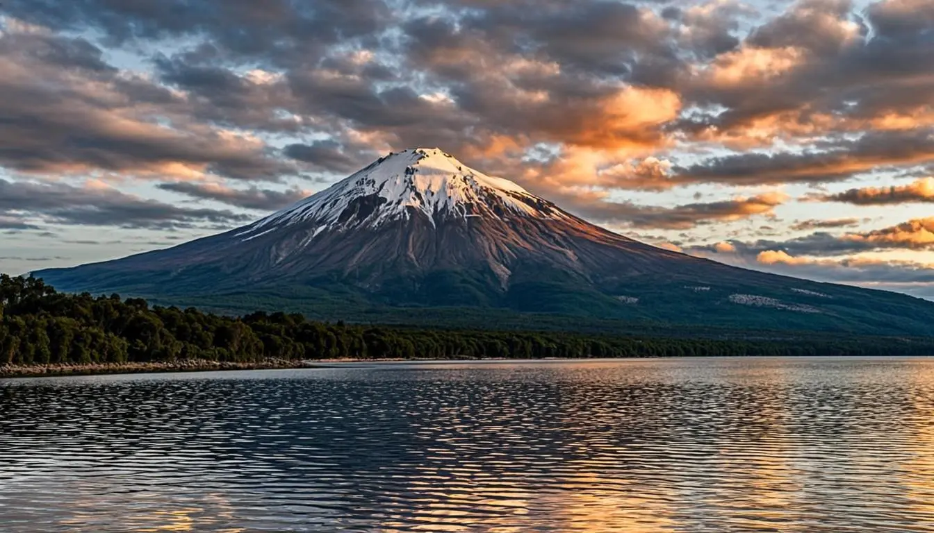 Volcán Villarrica y lago — sur de Chile